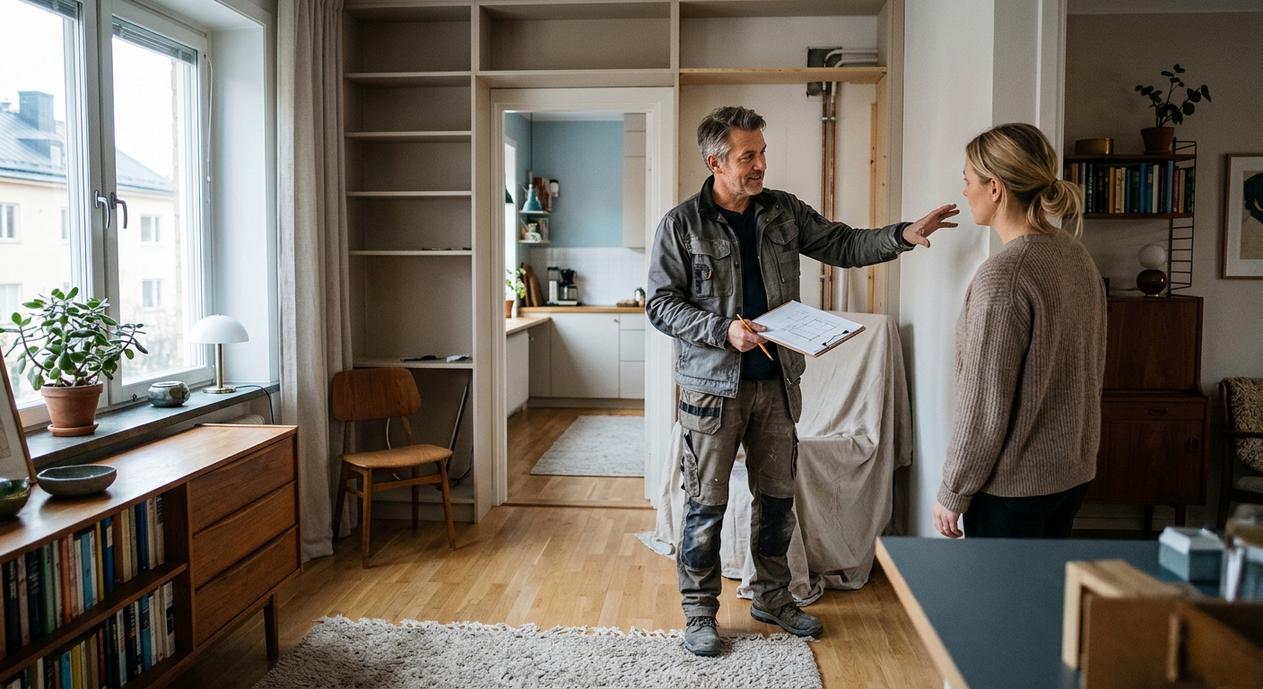 Besiktningsman och husköpare går igenom en villas ritningar vid köksbordet