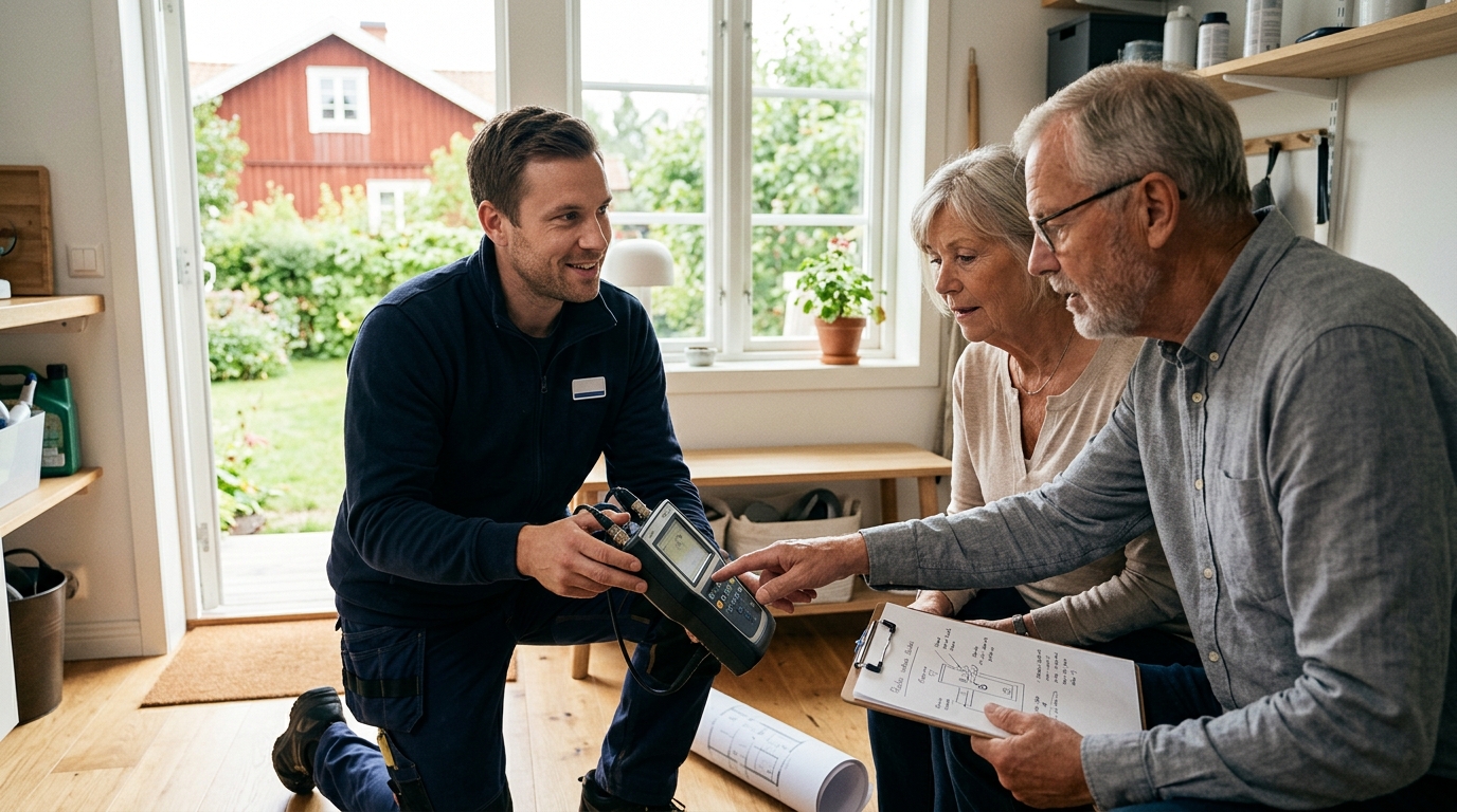 Radonspecialist och husägare går igenom en planritning och möjliga radonkällor i en villa