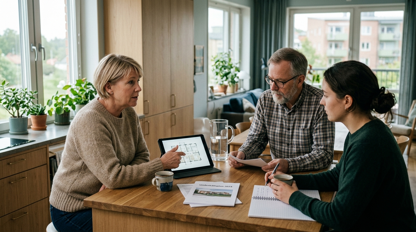 Styrelseledamöter granskar en digital budgetrapport med likviditetsprognos för en bostadsrättsförening