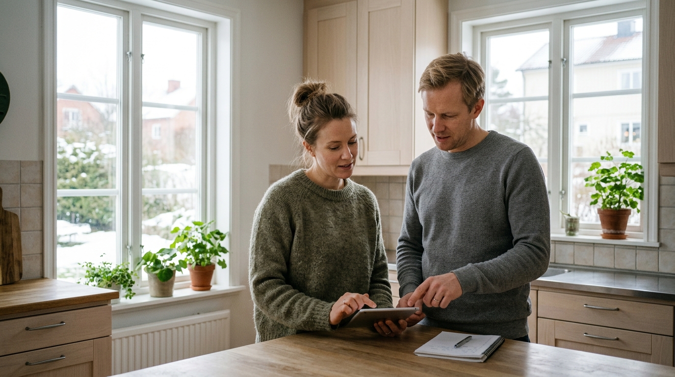 Fastighetsägare och tekniker går igenom placering och åtkomst till en brunn inför planerad slamsugning