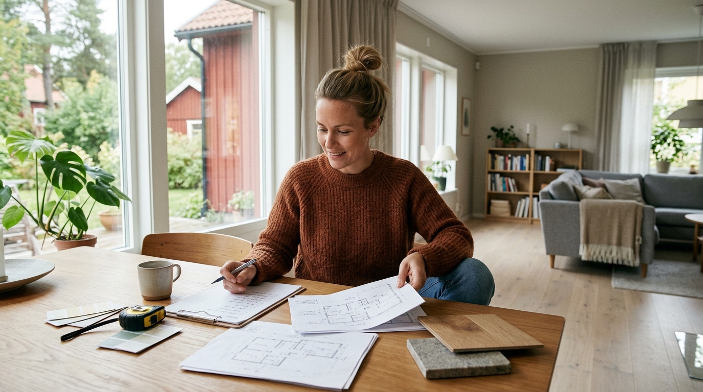 Husritningar med planlösning och sektion samt produktblad för fönster på ett arbetsbord