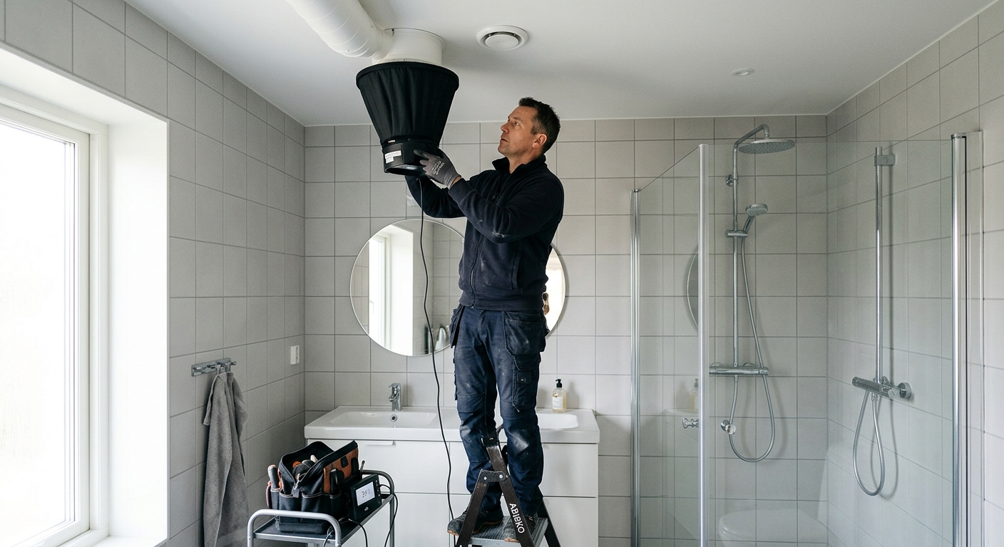 Ventilationstekniker mäter luftflödet vid ett takdon i ett ljust badrum.