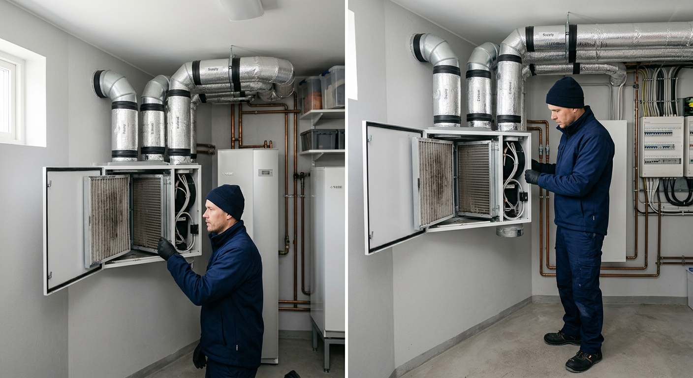 Ventilationstekniker kontrollerar ett öppet FTX-aggregat i en villas teknikrum.
