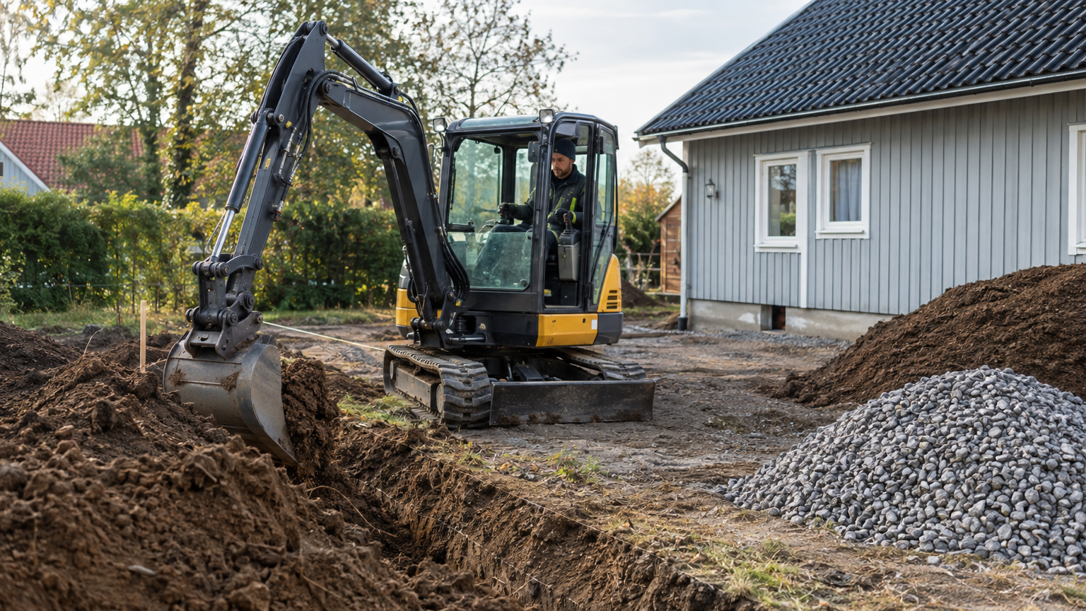 Grävmaskin som schaktar jord intill en svensk villa med upplag av grus bredvid arbetsområdet