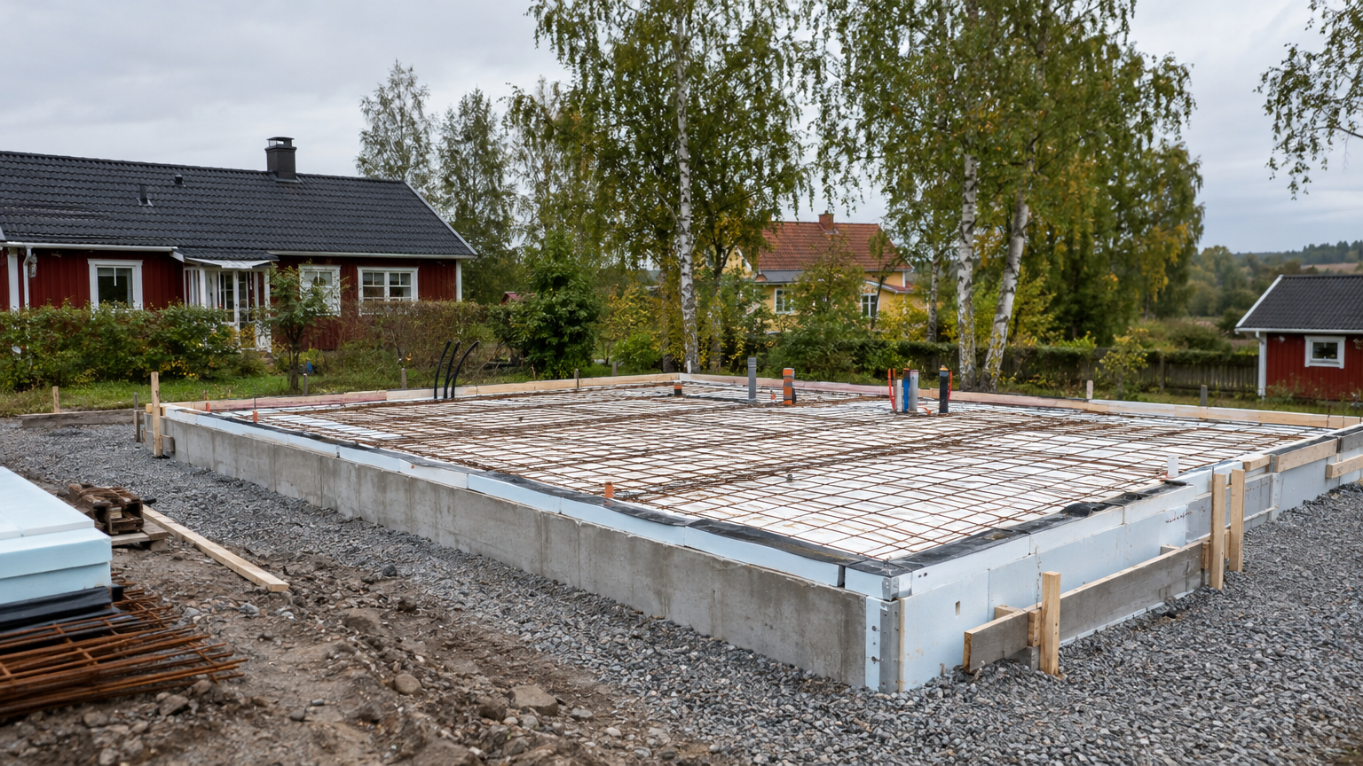 Förberedd husgrund med kantelement och armeringsnät på en svensk villatomt
