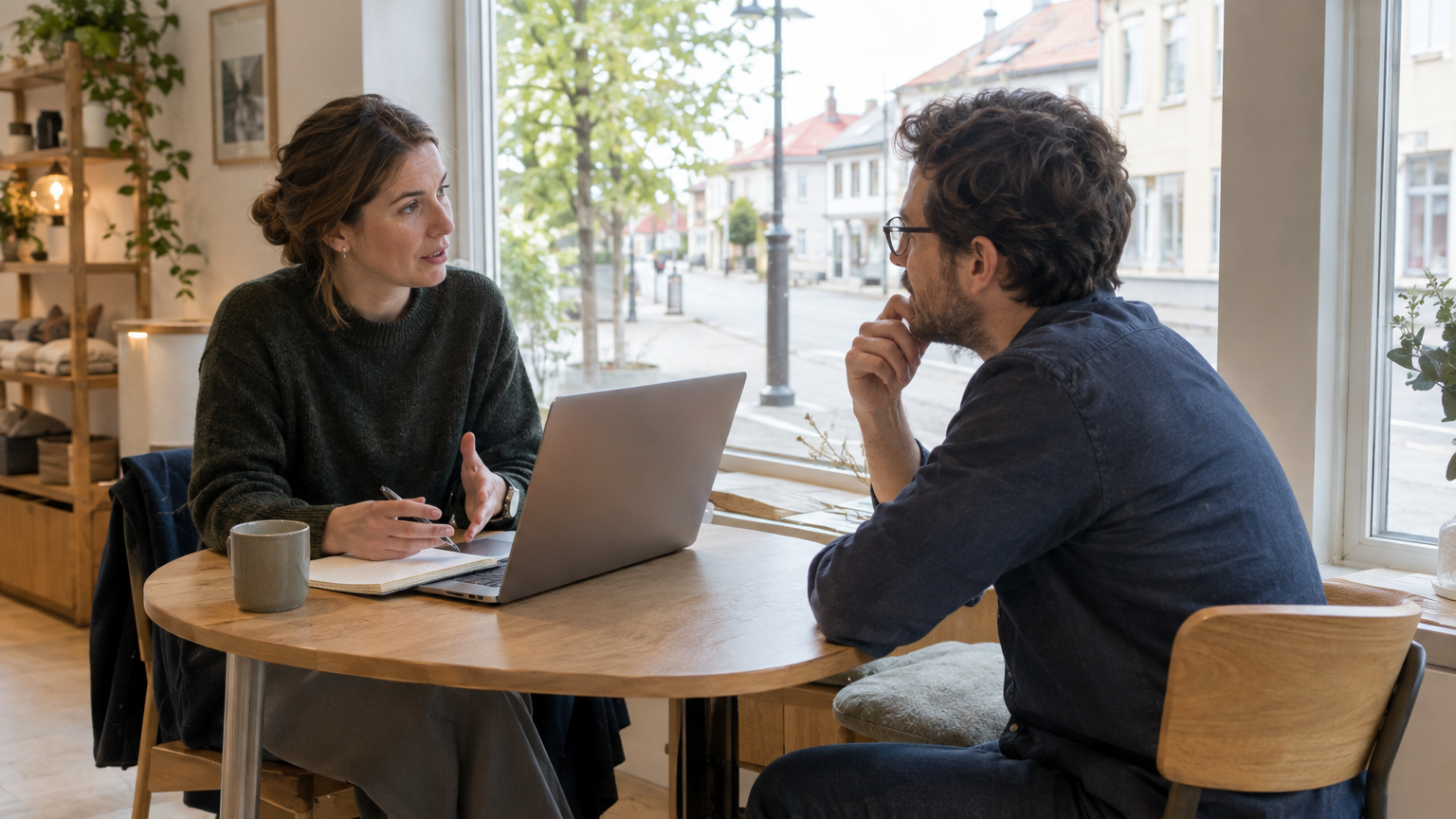 Två personer diskuterar anteckningar och en bärbar dator i en mindre butikslokal.