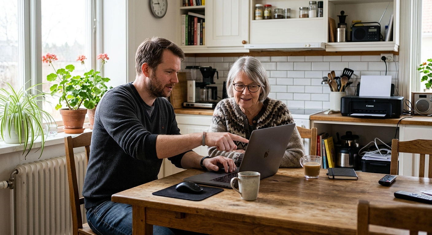 IT-tekniker och privatperson går igenom en bärbar dator vid ett köksbord.