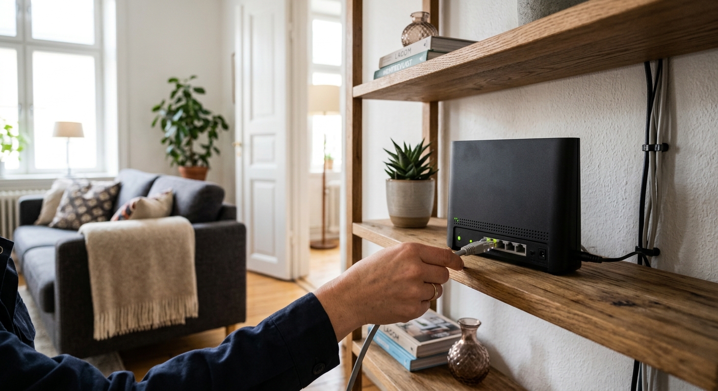 Tekniker ansluter en nätverkskabel till en router på en hylla i ett vardagsrum.