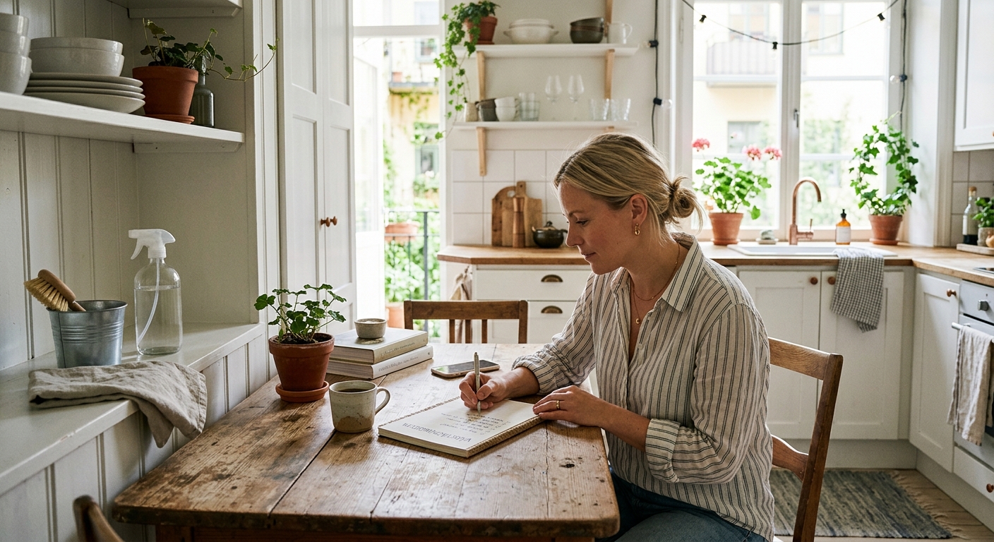 Person som gör en checklista för hemstädning vid ett köksbord