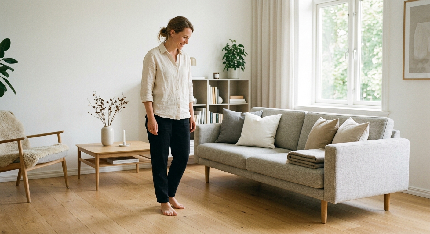Person granskar ett rent vardagsrum efter hemstädning