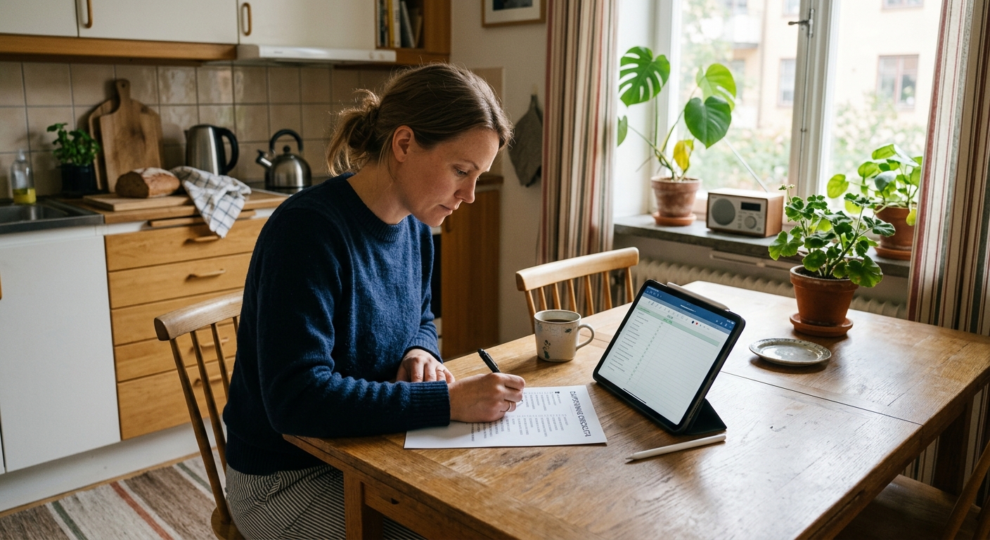 Person fyller i en checklista för storstädning vid ett köksbord