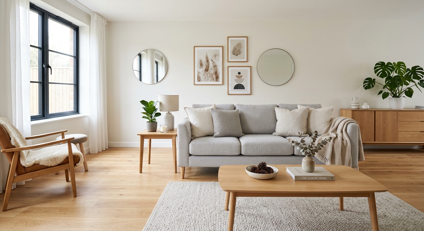 Välstädad ljus vardagsrumsmiljö klar för bostadsfotografering