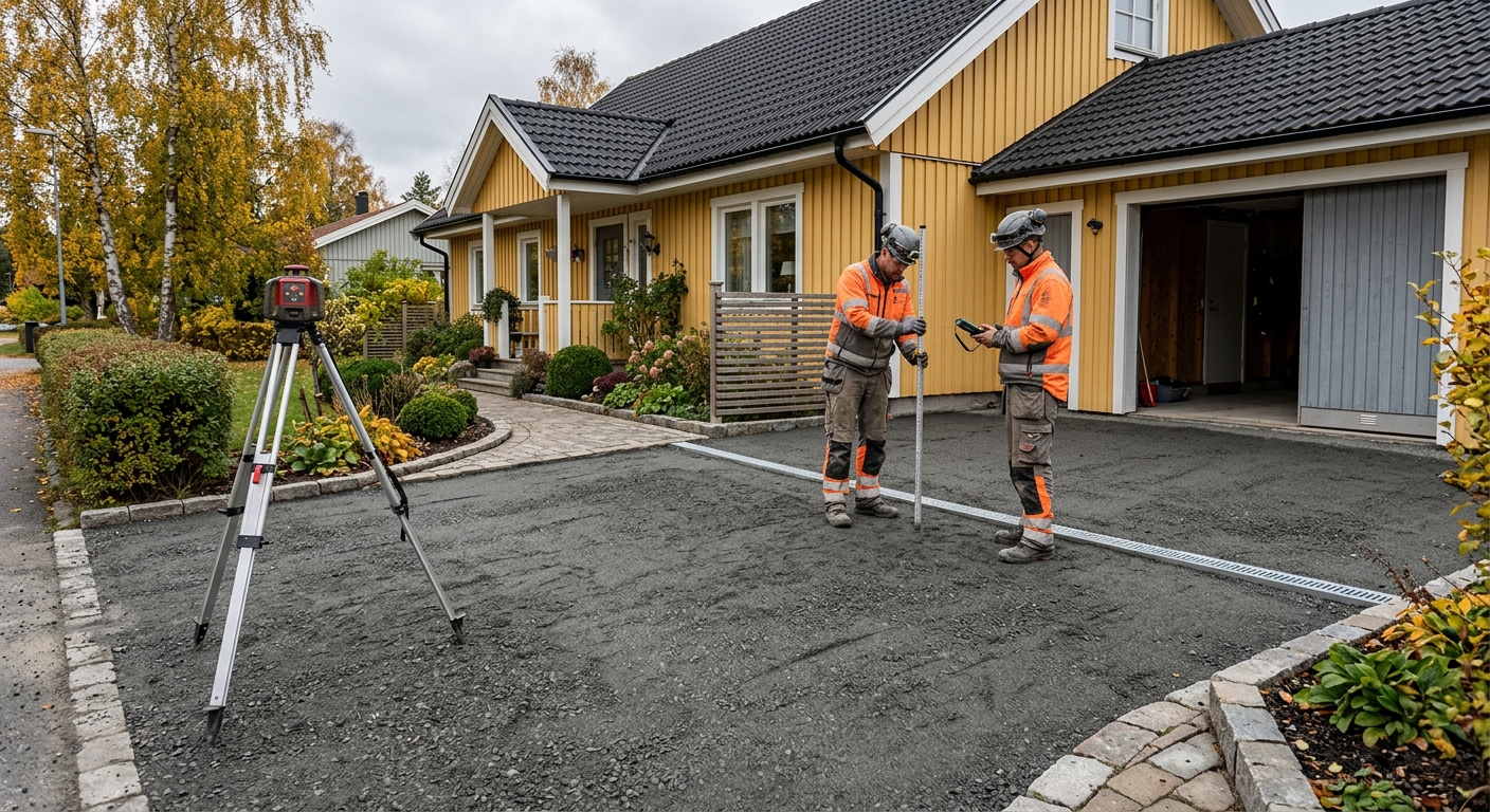 Markarbetare kontrollerar höjder på en uppfart med packat bärlager framför ett garage