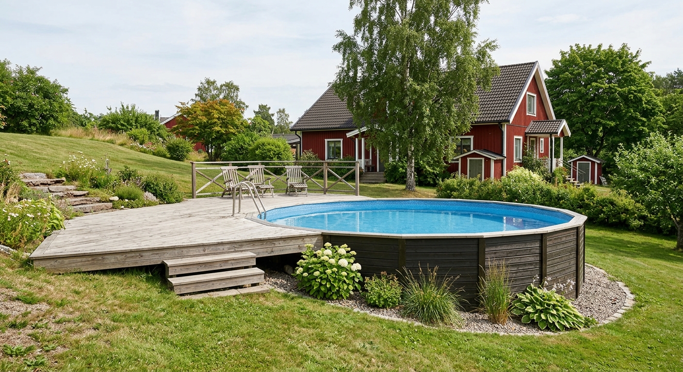 Rund delvis nedgrävd pool med trädäck på den högre sidan av en sluttande trädgård