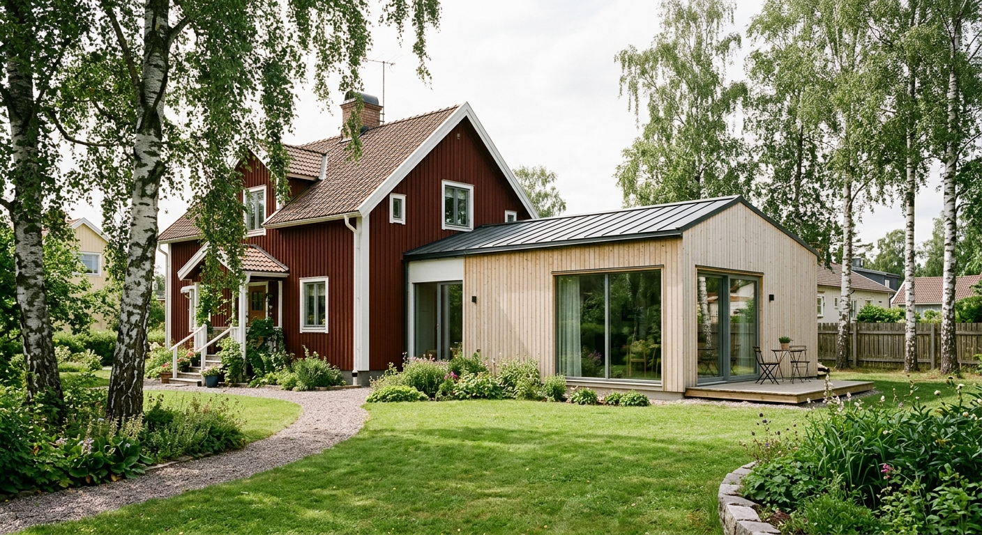 Ljus träklädd tillbyggnad med stora fönster ansluten till en svensk villa med trädgård.