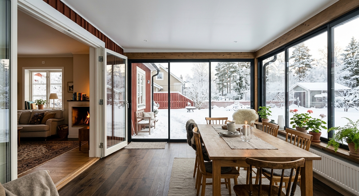 Vinterbonat uterum anslutet till en villa, med glaspartier, trägolv och matbord.