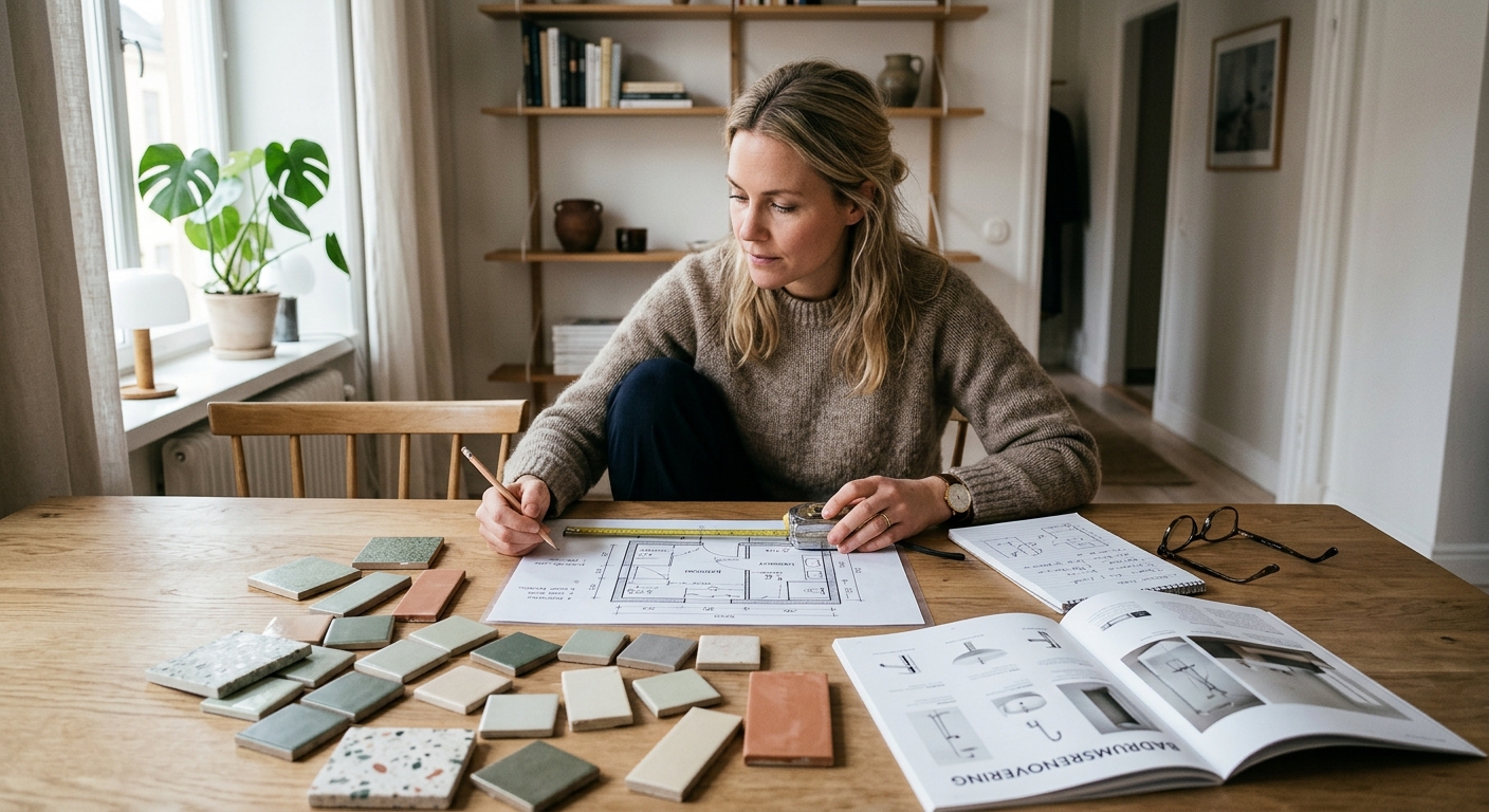 Person planerar badrumsrenovering med ritning, kakelprov och måttband
