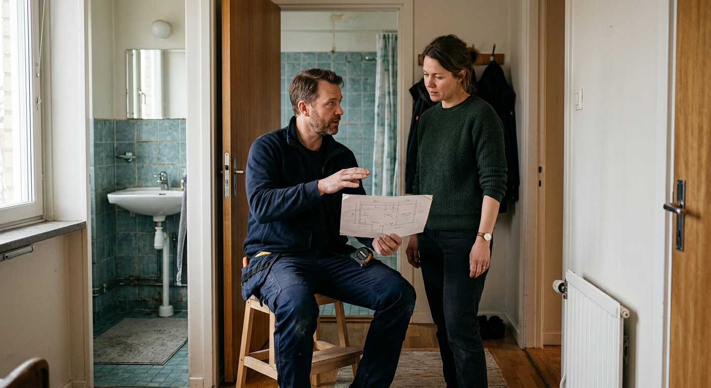 Hantverkare och bostadsägare går igenom planeringen inför en badrumsrenovering