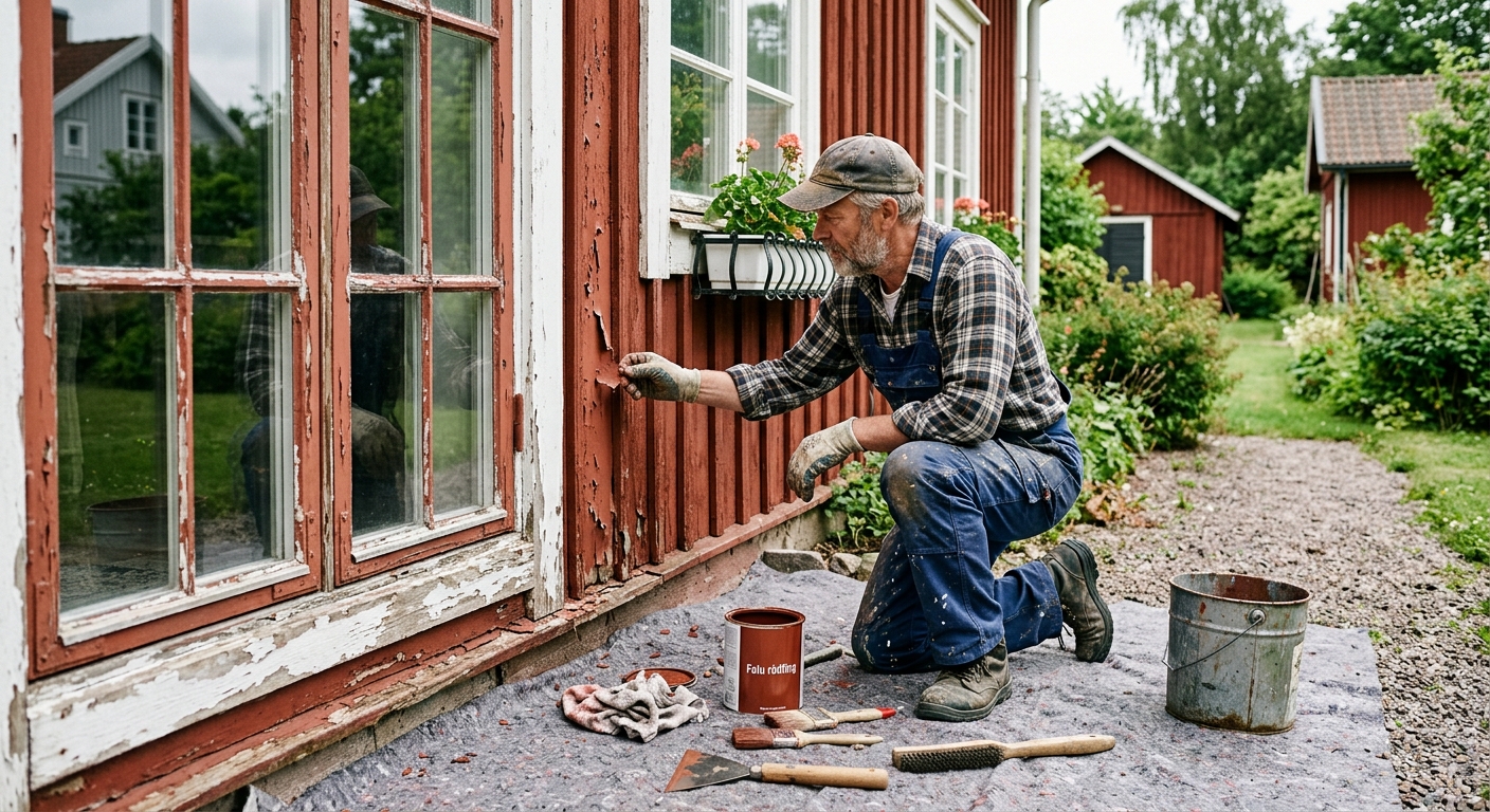 Målare som granskar flagnande färg på fasaden till en svensk trävilla