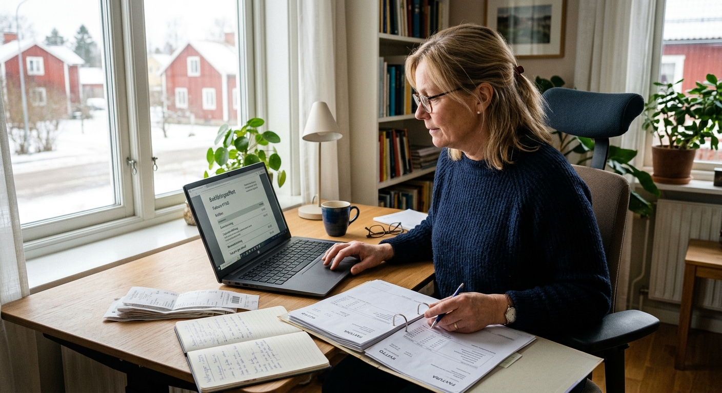Företagare går igenom bokföringsunderlag och offertunderlag vid skrivbord