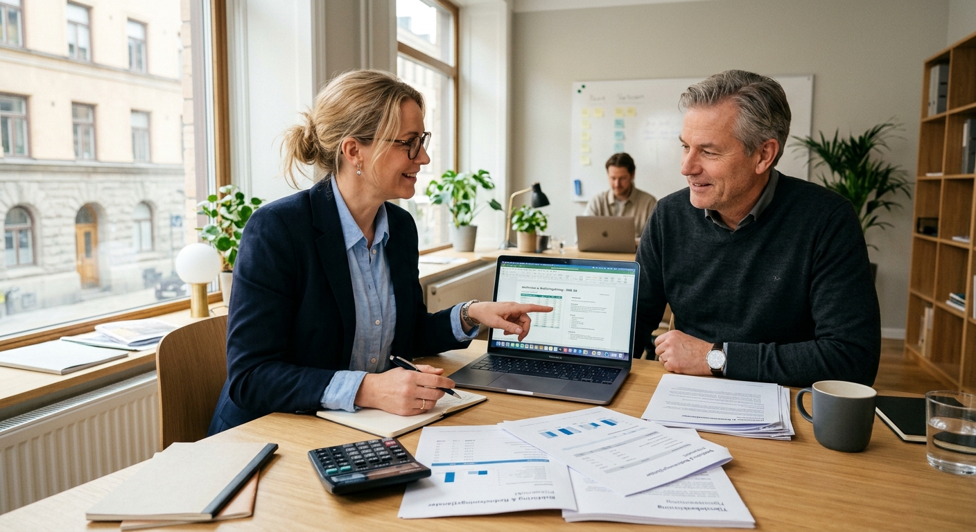 Redovisningskonsult och företagare jämför detaljer i en offert på laptop