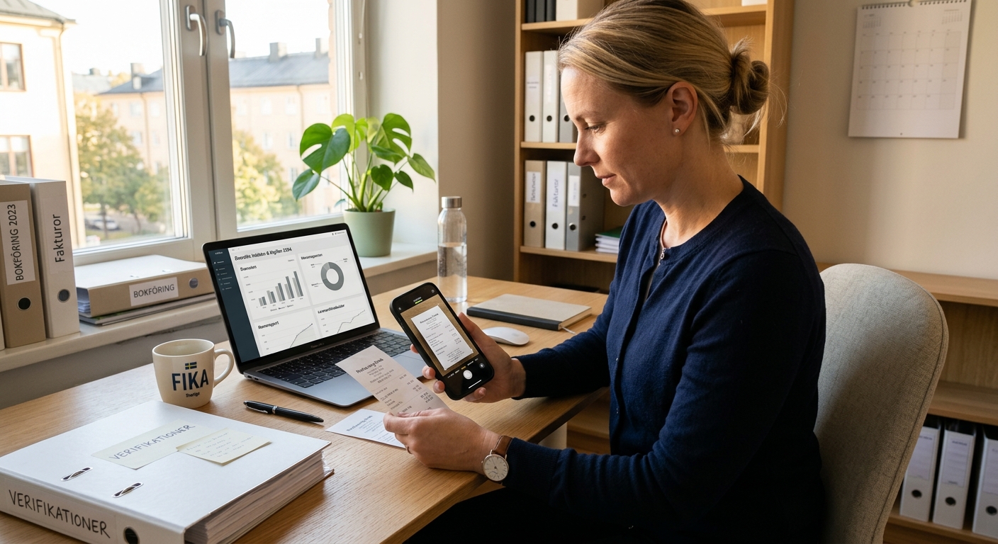 Digital bokföring med skannade kvitton och ekonomirapport på skärm