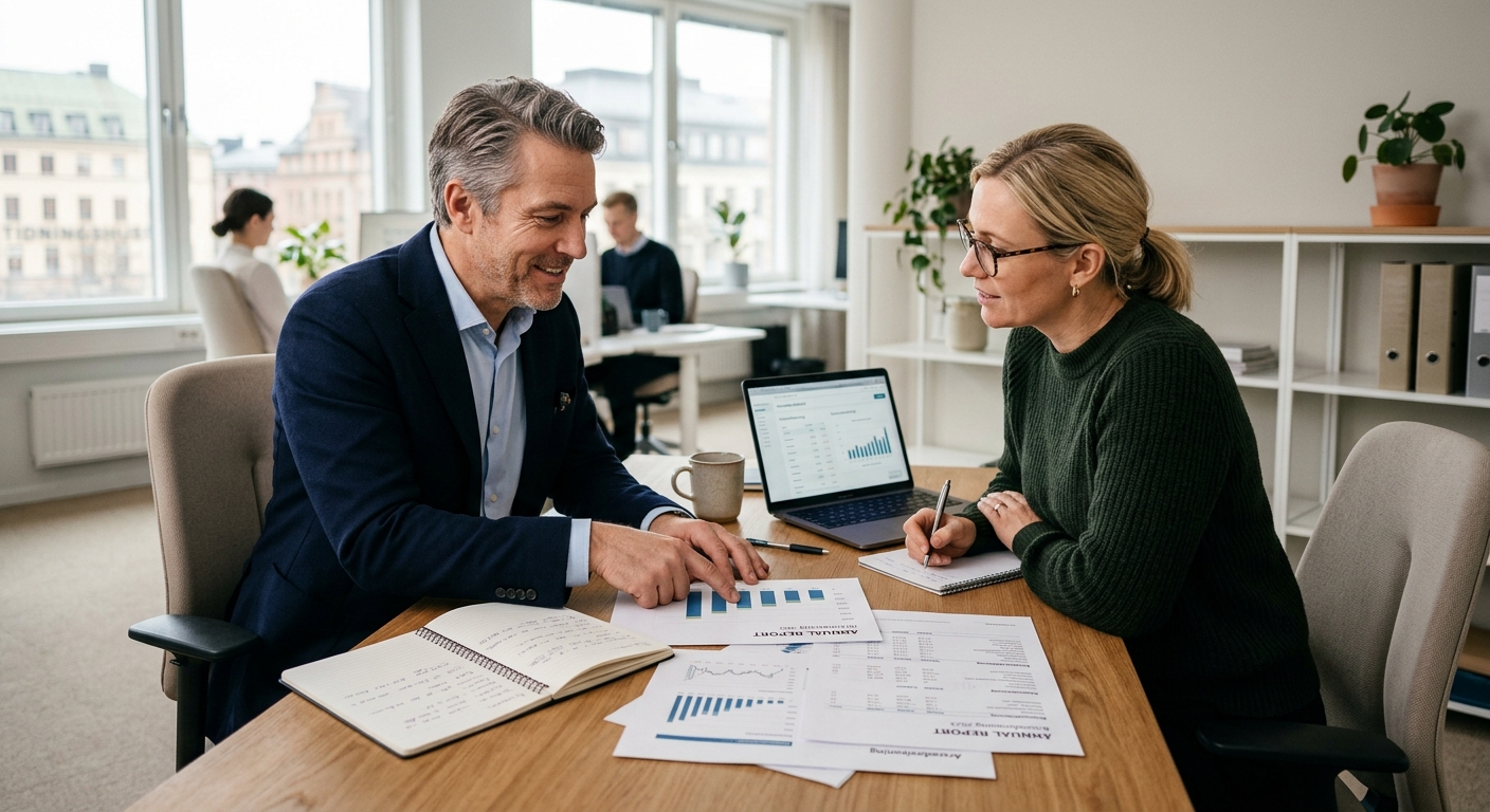 Företagare och redovisningskonsult analyserar ekonomiska rapporter efter bokslut