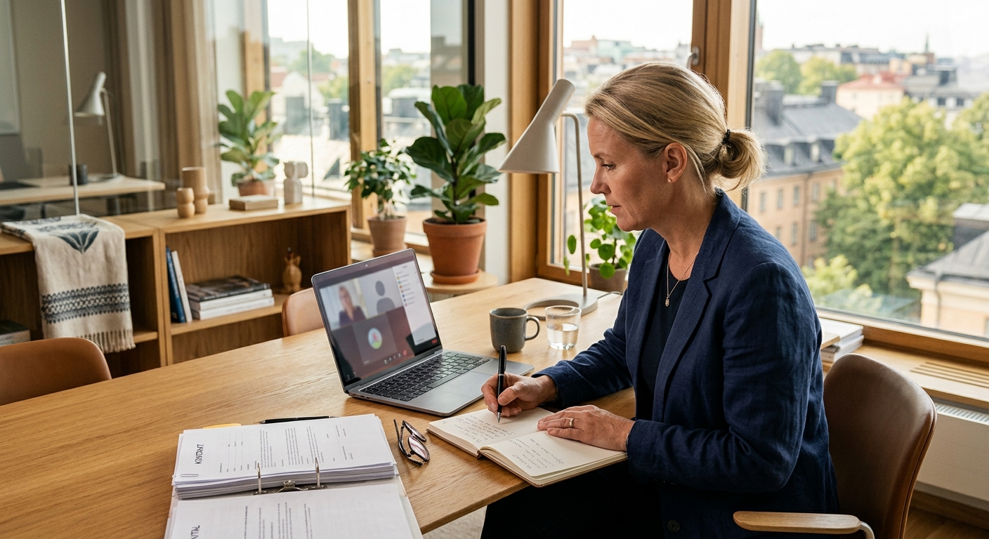 Digitalt videomöte om företagsavtal på en laptop i ett kontor