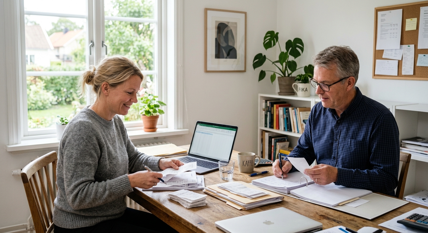 Företagare och redovisningskonsult går igenom underlag vid ett skrivbord