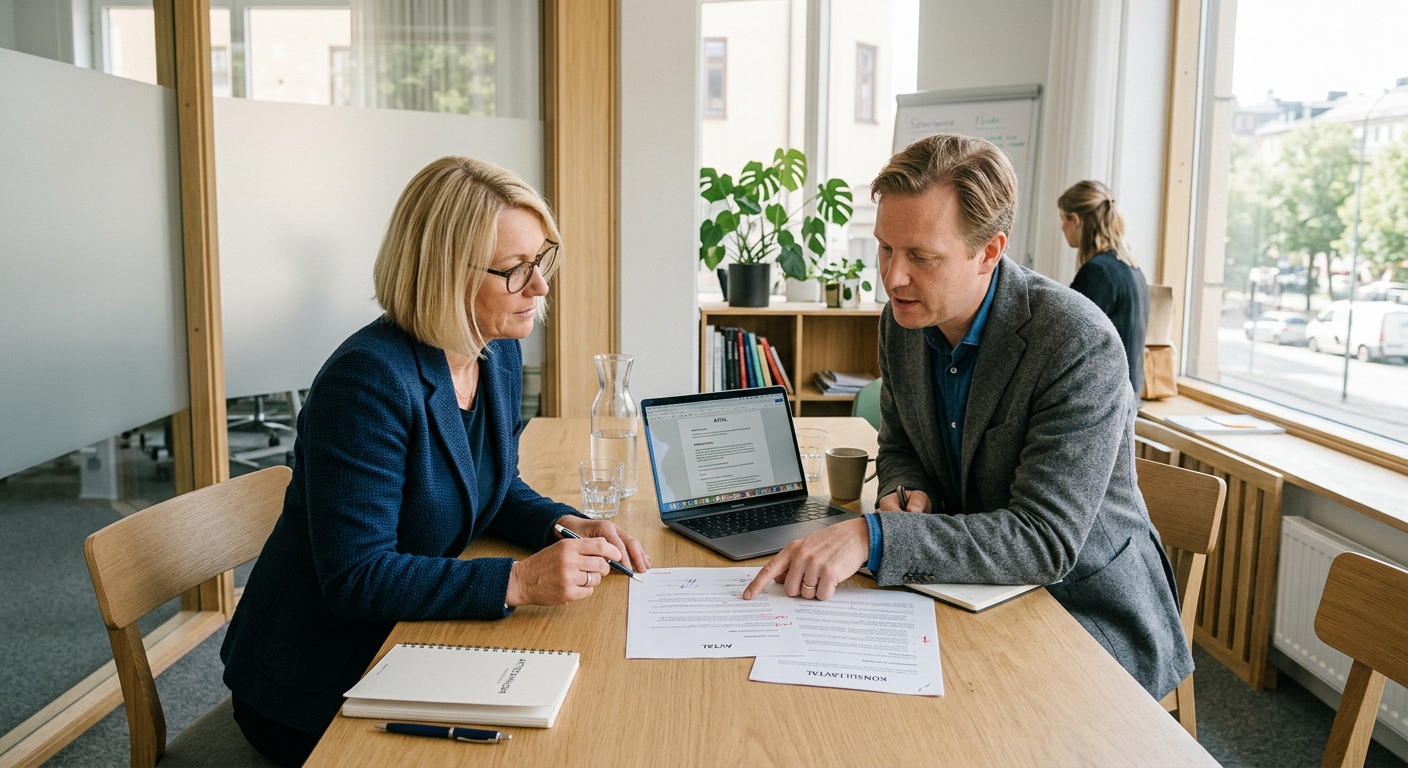Företagare och jurist går igenom avtal vid ett konferensbord