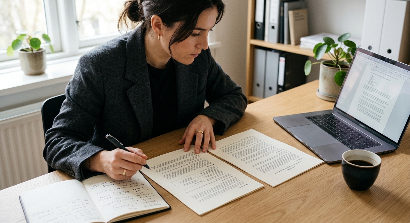 Jurist jämför två offertunderlag på en laptop och papper