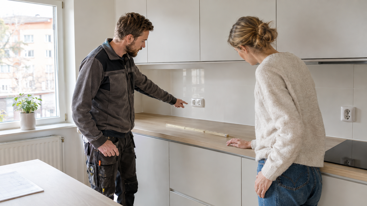 Elektriker och bostadsägare planerar uttagens placering vid en köksbänk i ett svenskt kök.