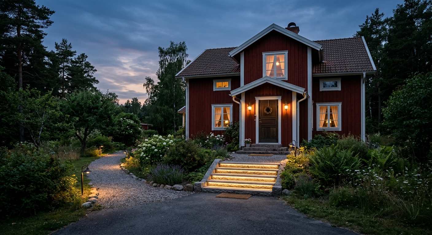 Vägglampor vid entrén och låga pollare längs gången till en svensk villa i skymningen.