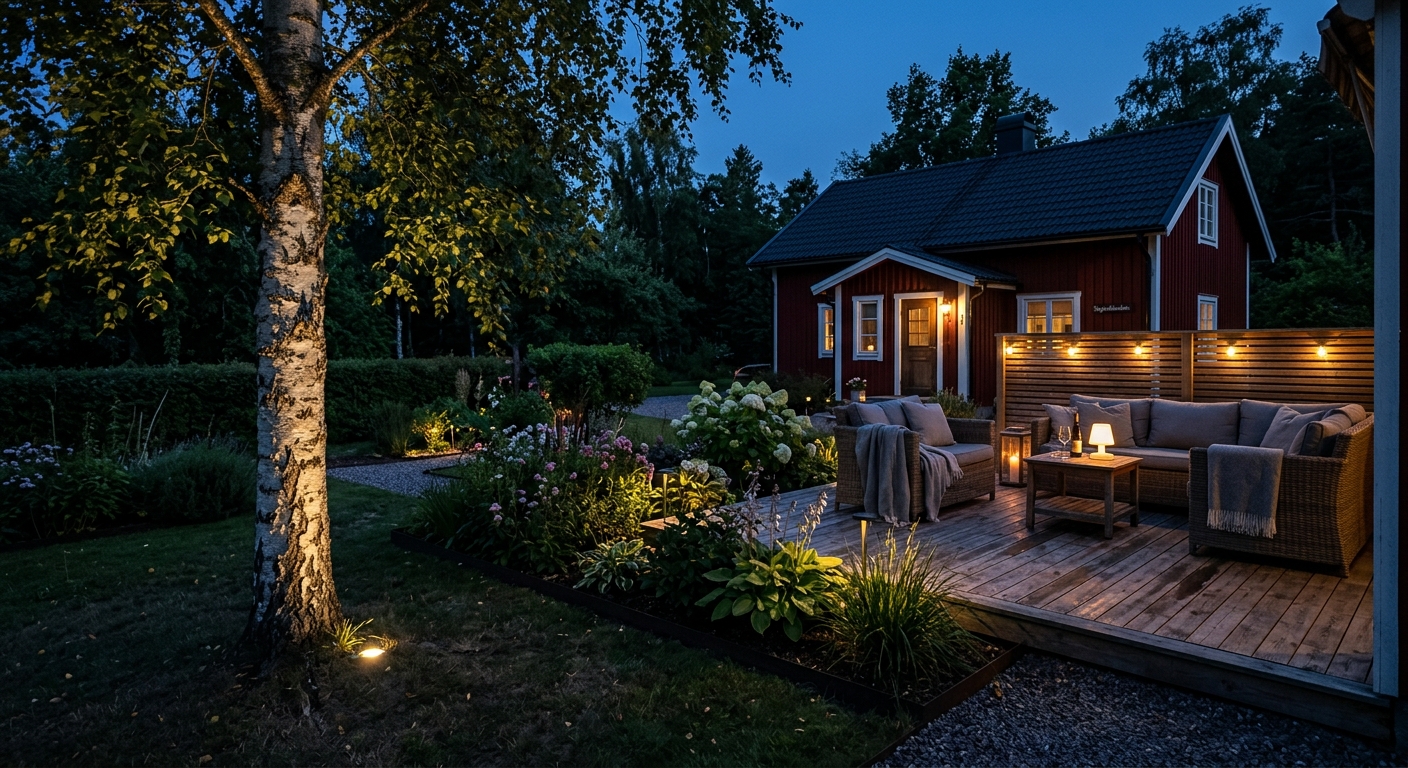 Ett belyst träd och diskreta lampor vid en träaltan i en svensk villaträdgård.