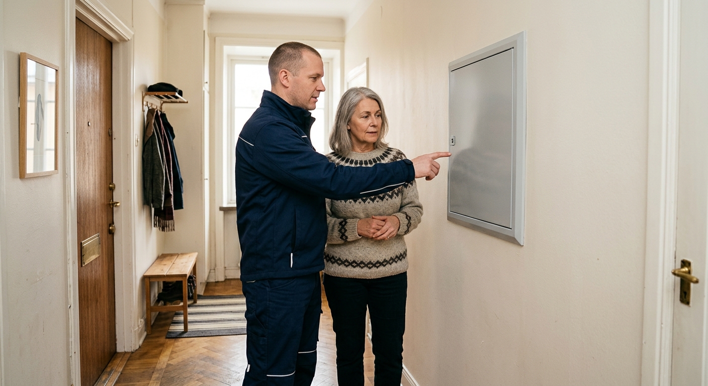 Boende och elektriker tittar på en stängd elcentral i hallen i en svensk lägenhet