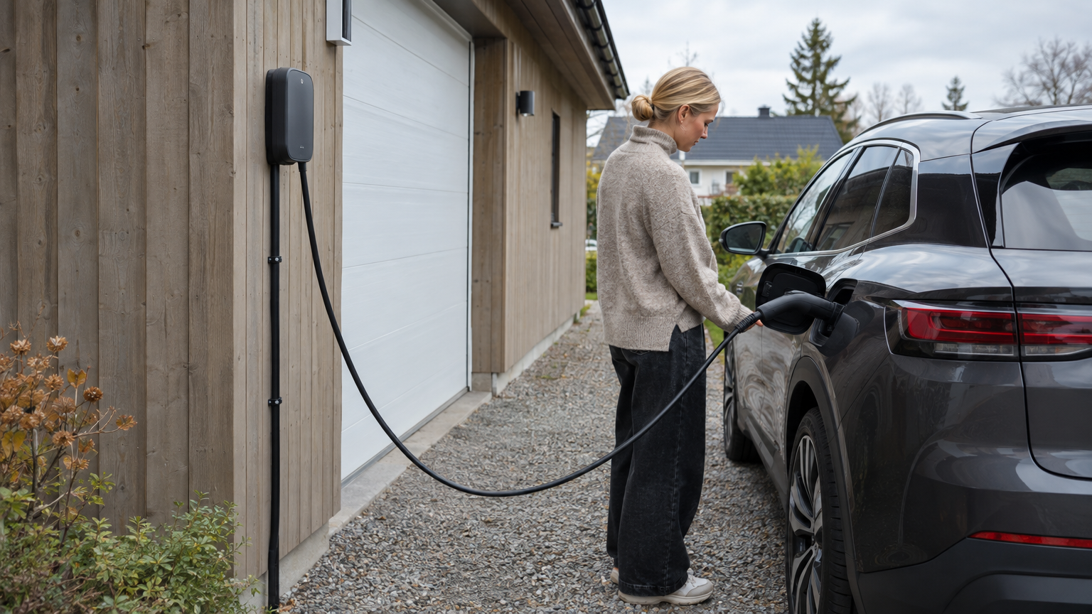 Laddbox på garageväggen intill en parkerad elbil vid en svensk villa.