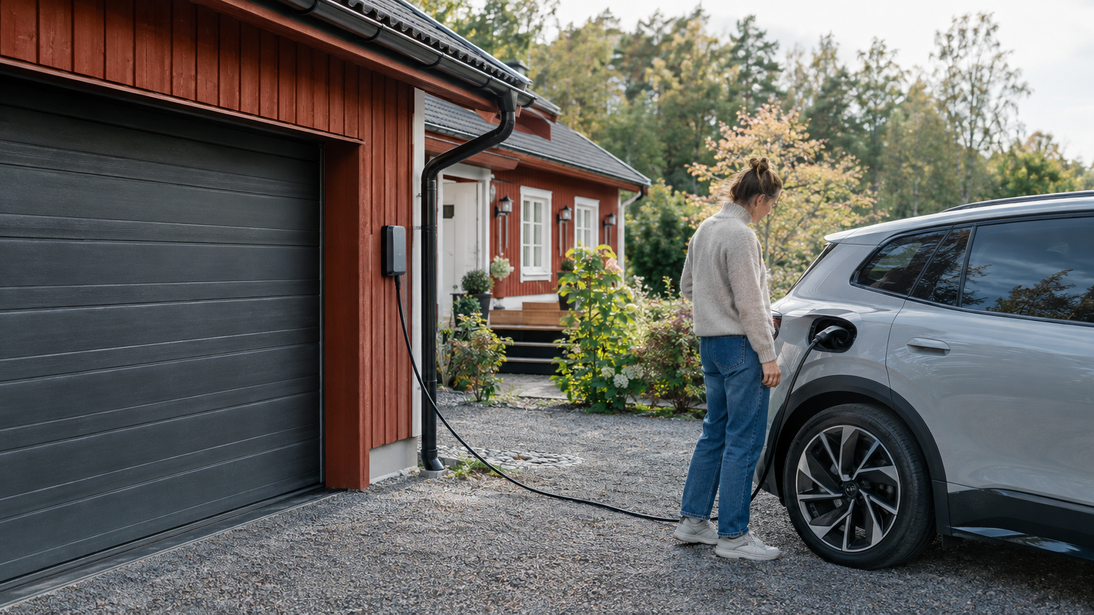 Väggmonterad laddbox på ett trägarage med laddkabel ansluten till en bil på uppfarten.