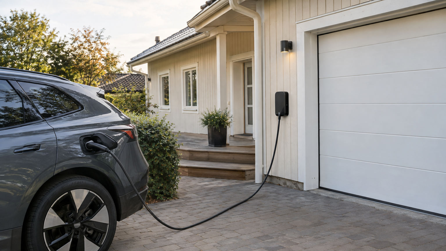 Laddbox på en garagevägg med laddkabel ansluten till en bil på en villauppfart