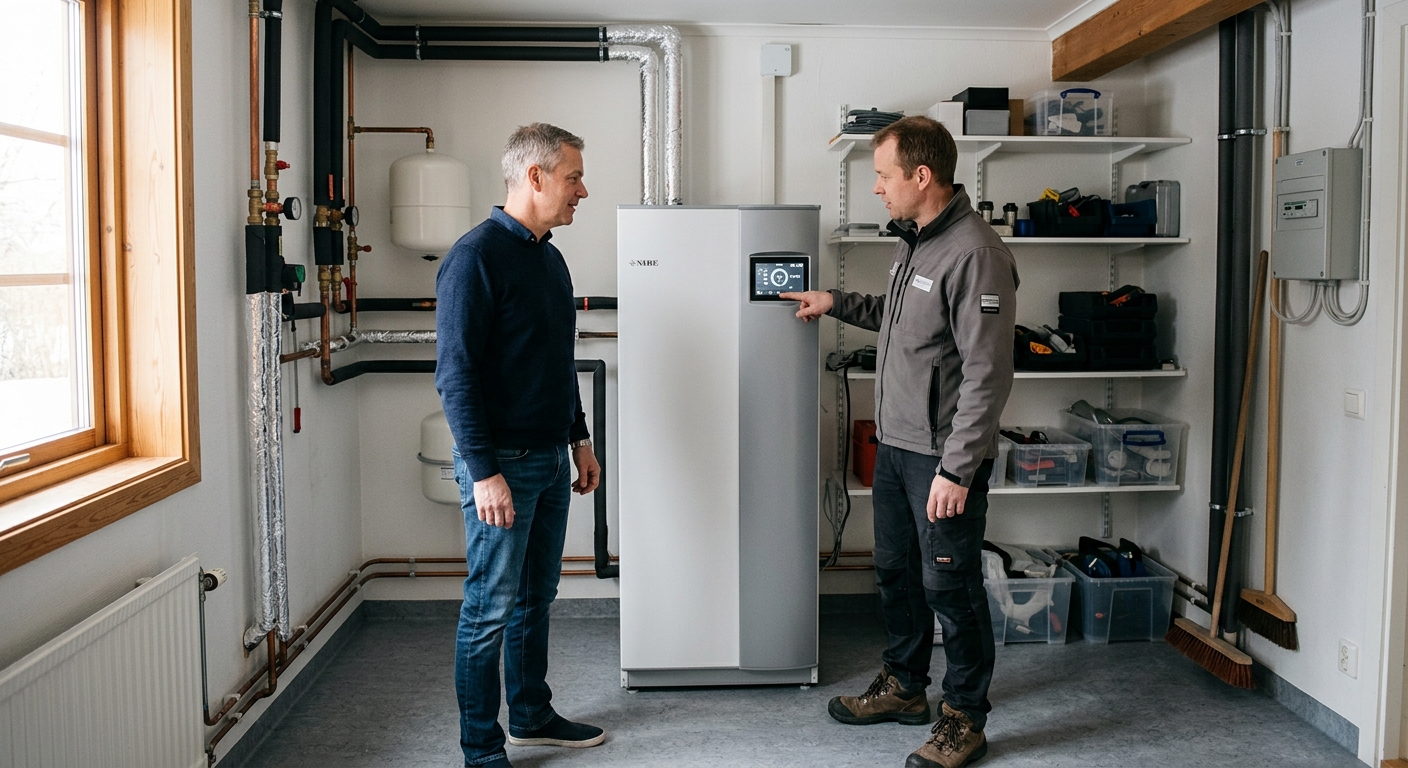 Villaägare och servicetekniker går igenom en värmepump i ett teknikrum