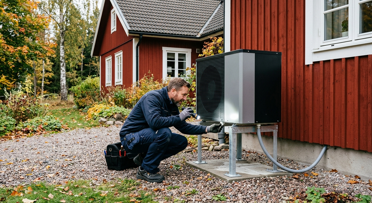 Tekniker kontrollerar en värmepumps utedel intill en svensk trävilla.