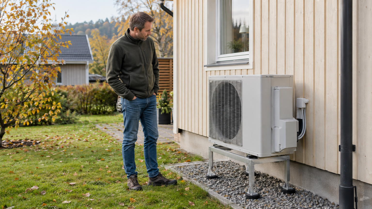 Villaägare tittar på en värmepumps utomhusdel intill en svensk träfasad.