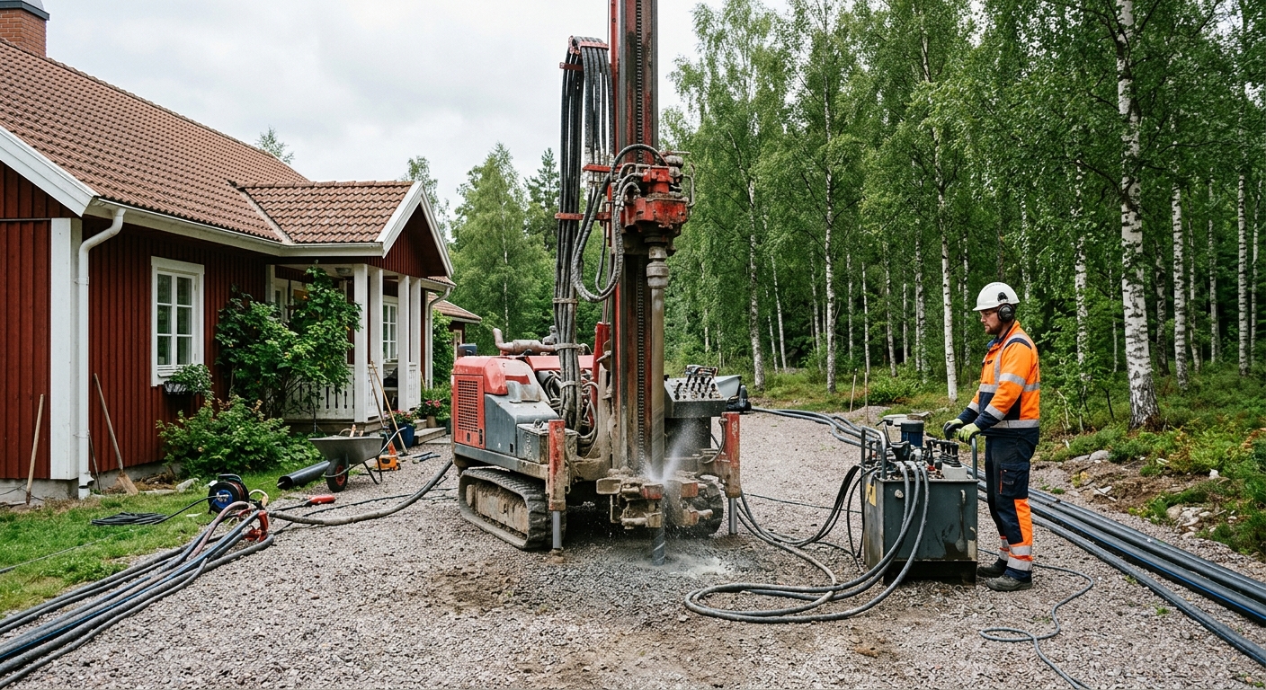 Borrigg för energibrunn på en grusad uppfart intill en svensk villa.