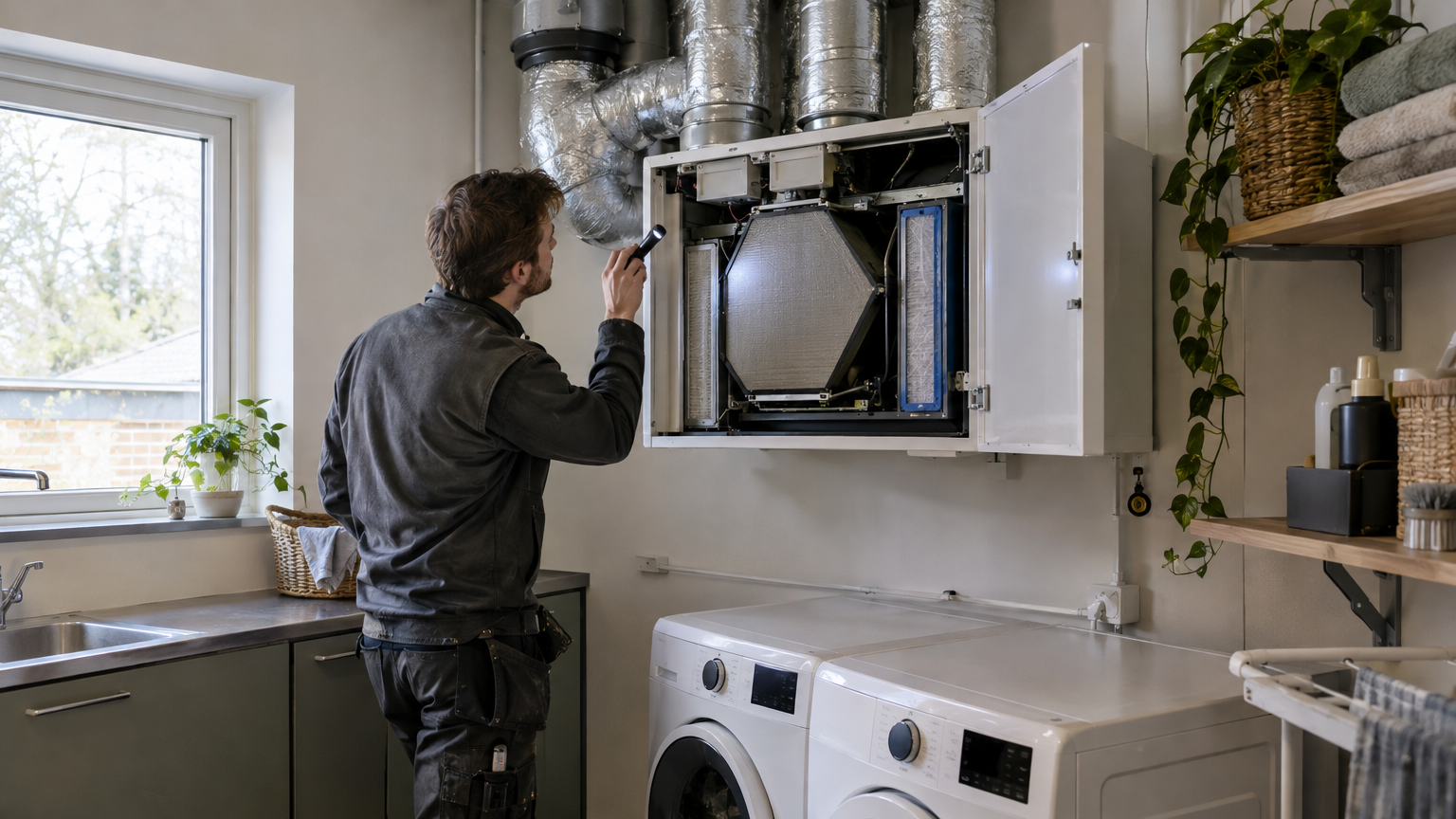 Tekniker undersöker ett öppet ventilationsaggregat i en villas tvättstuga.