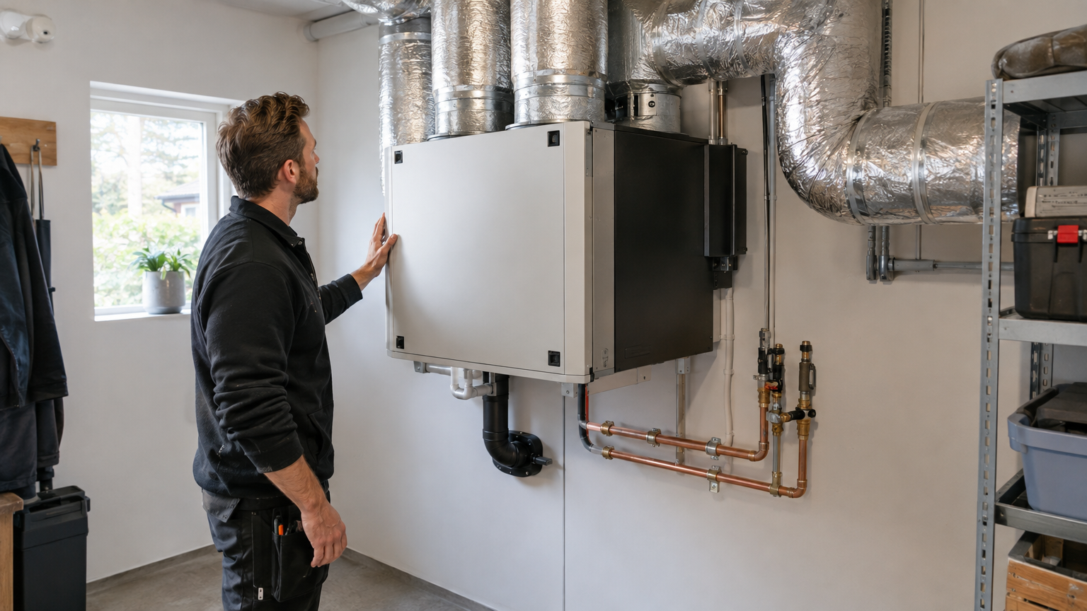 FTX-aggregat med anslutna ventilationskanaler i en villas teknikrum.