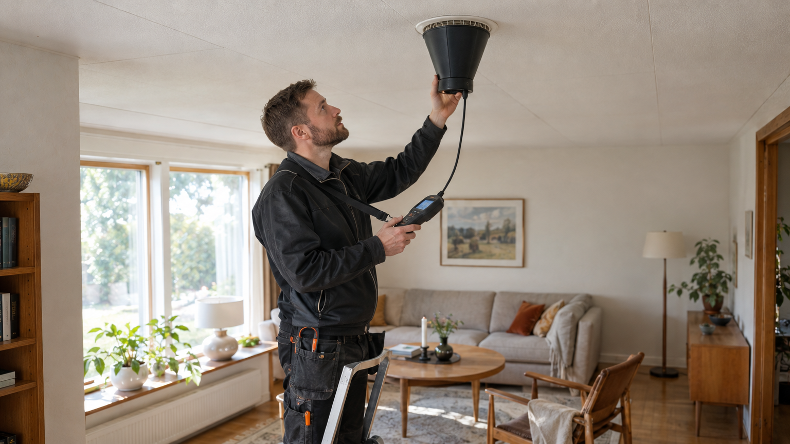 Ventilationstekniker mäter luftflödet vid ett takdon i en svensk villa.