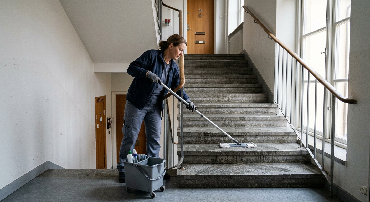 Städare fukttorkar en stentrappa i ett ljust trapphus med metallräcke.