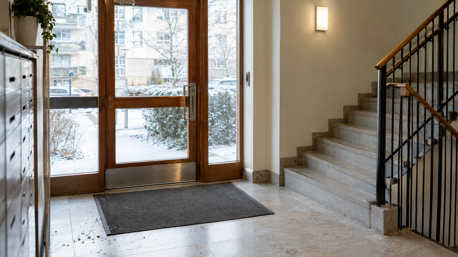 Entré i ett flerbostadshus med dörrmatta, stengolv och trappa upp till nästa våning.