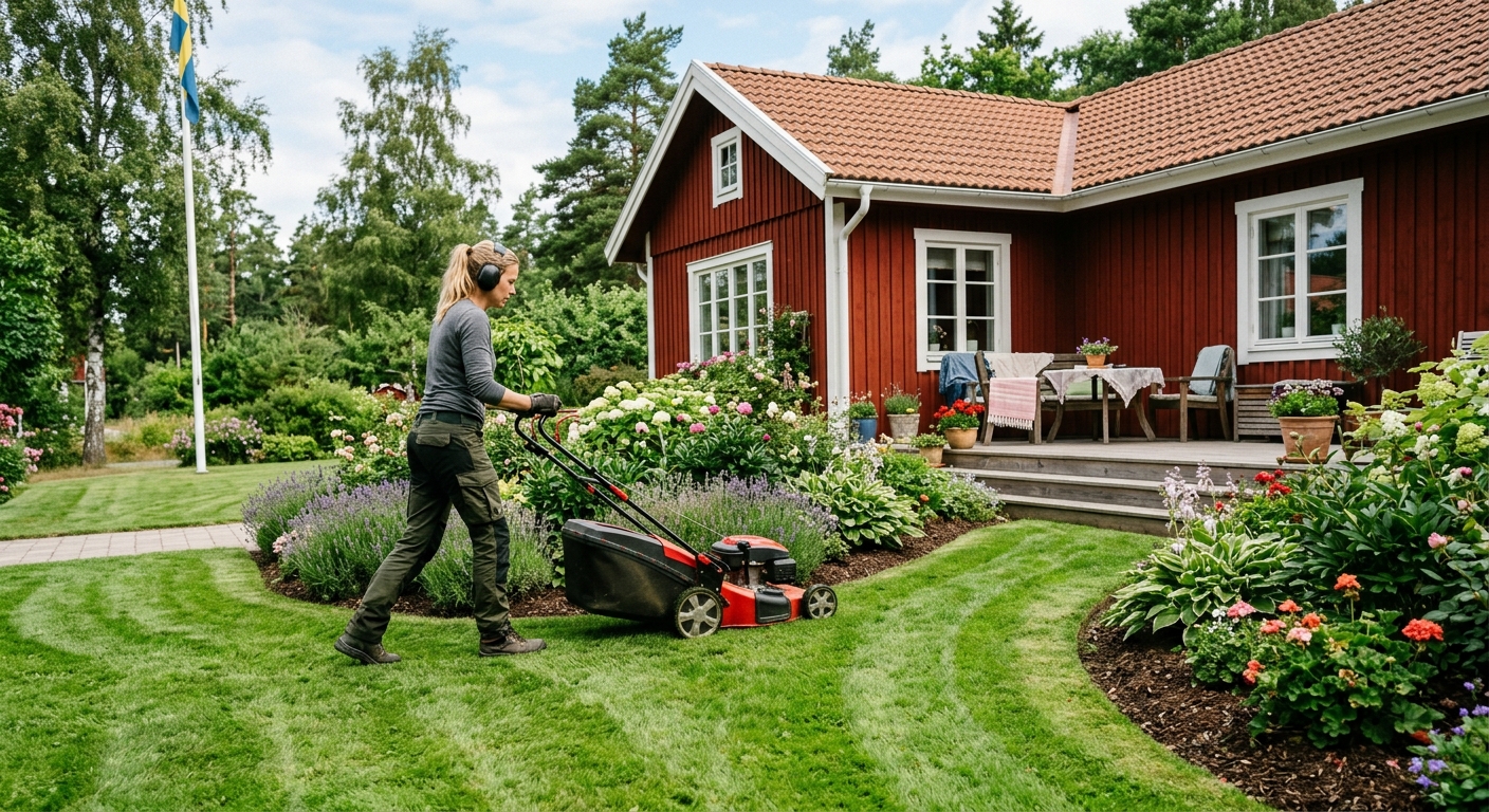 Trädgårdsarbetare klipper en grön villa-gräsmatta med professionell gräsklippare