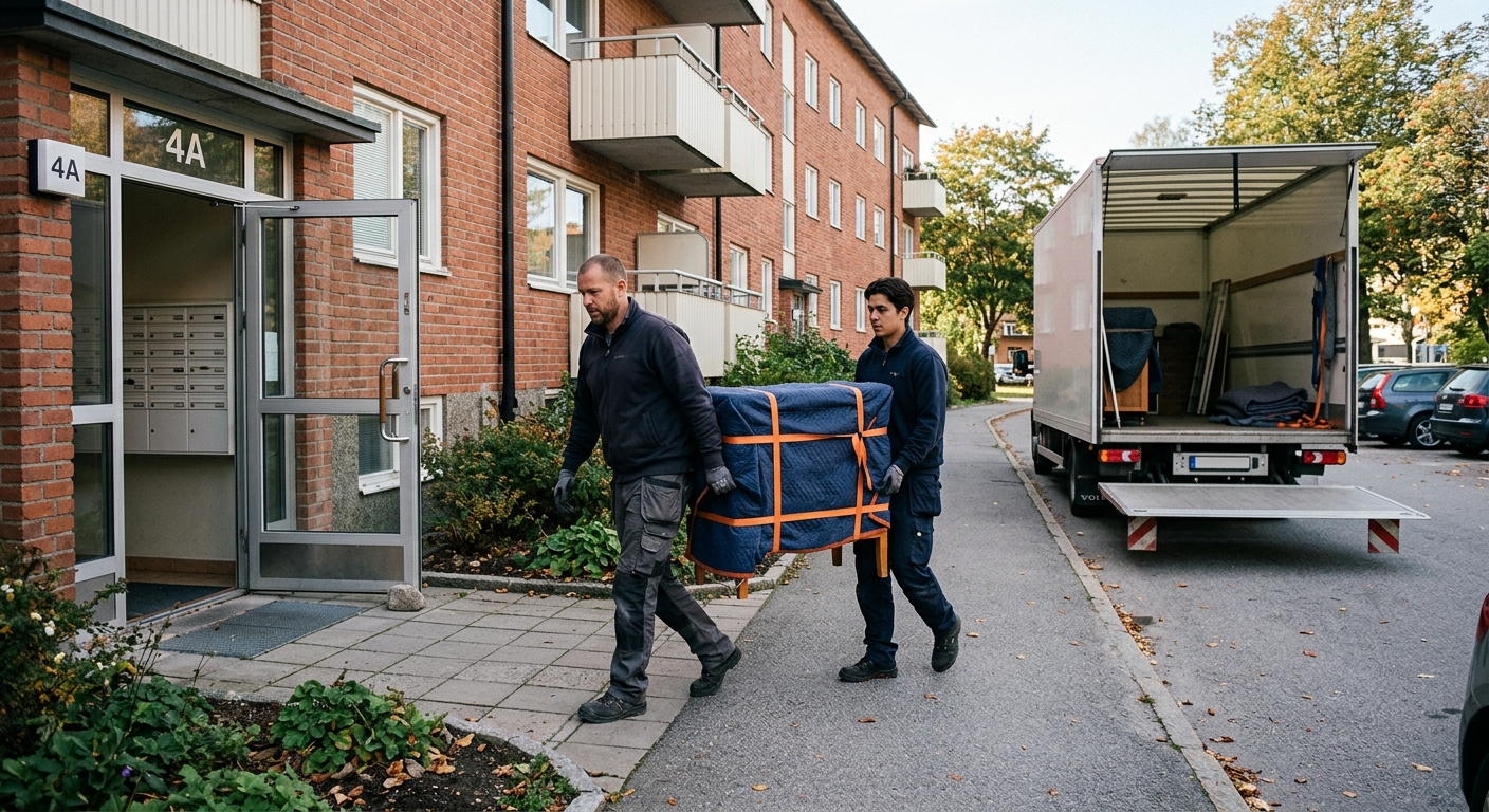 Två flyttarbetare bär en skyddad möbel från ett svenskt flerbostadshus till en flyttbil.