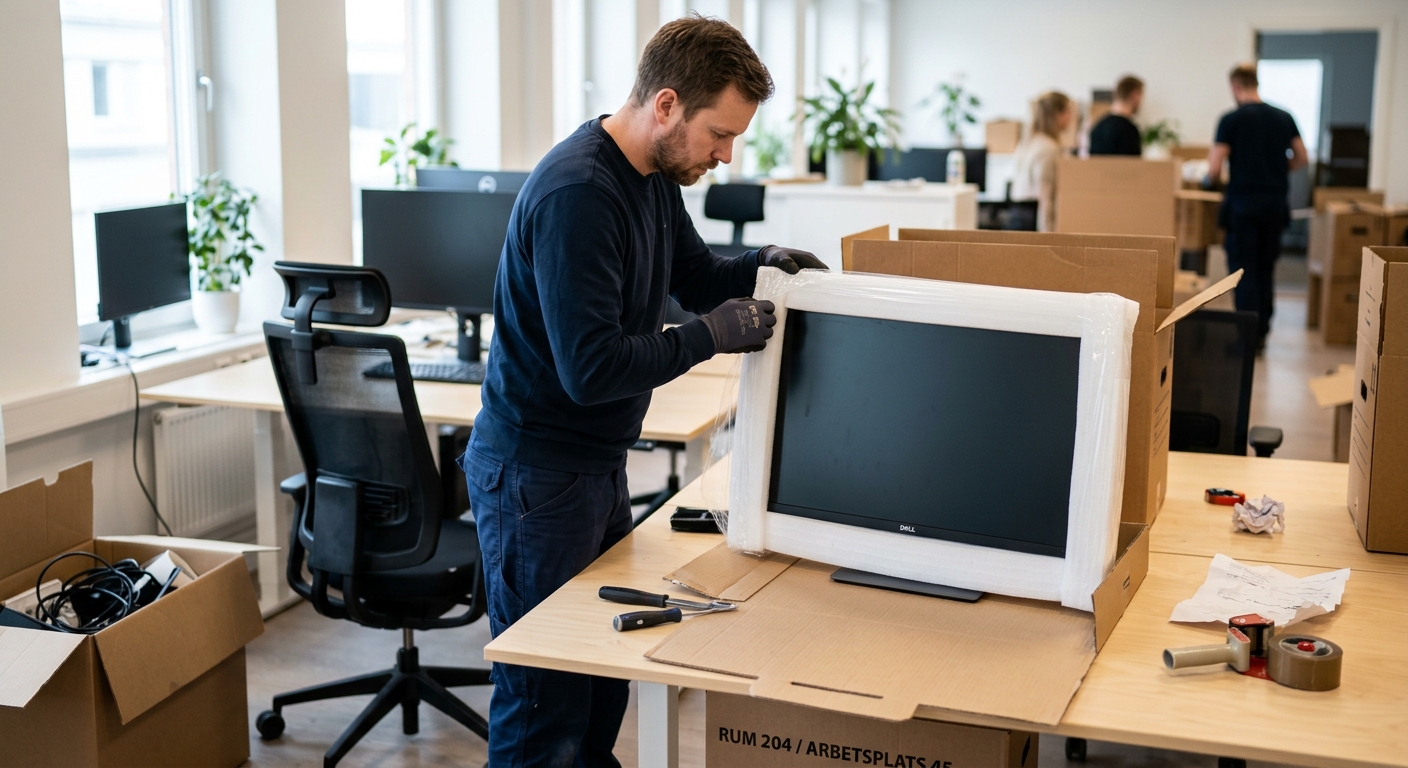 En flyttmedarbetare skyddar en datorskärm med emballage på ett kontorsbord bredvid öppna kartonger.